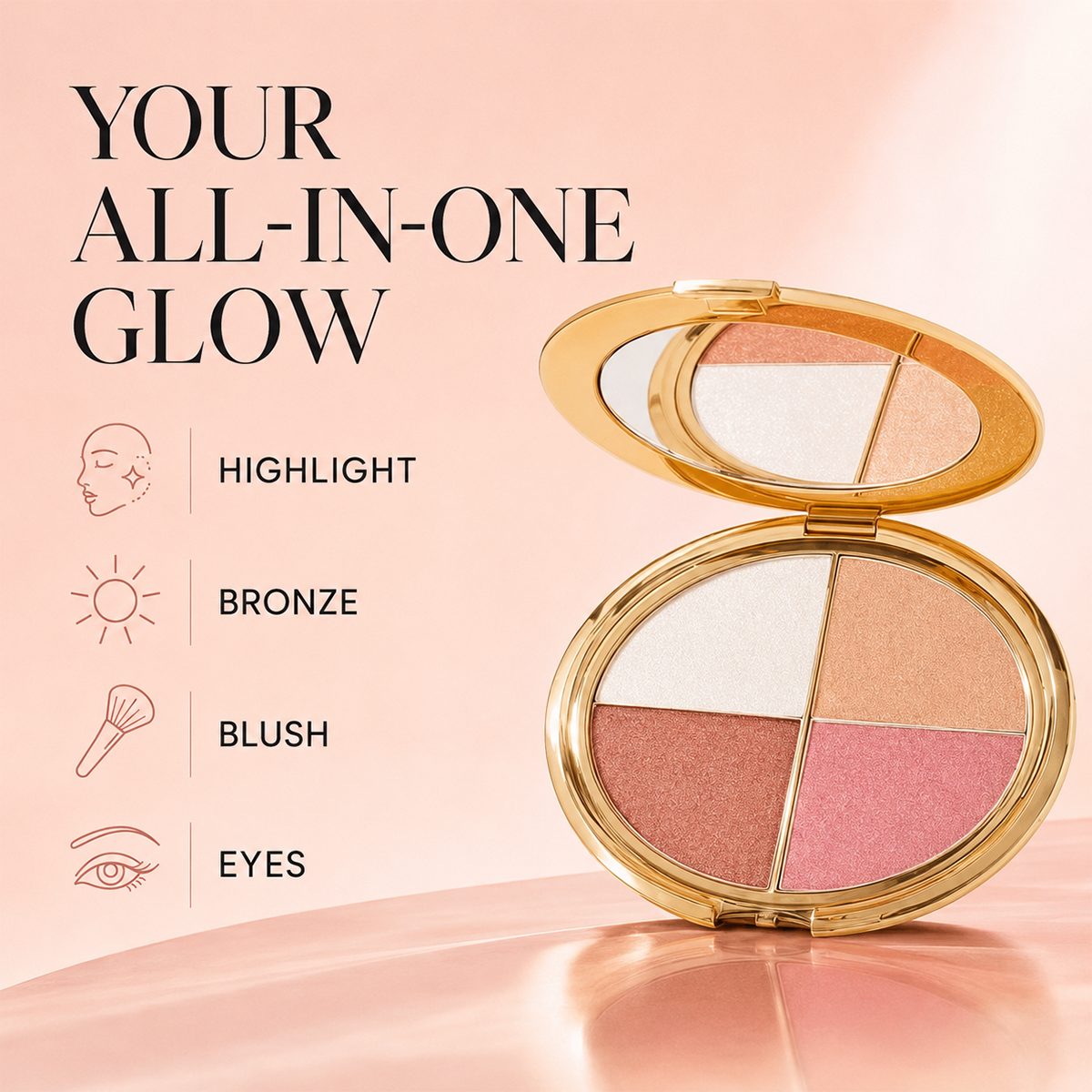 🎁 BUY 2 GET 1 FREE | 4-in-1 Glow Palette – 4 Silky Shades for Eyes & Cheeks, Buildable Radiance & Seamless Blend ✨